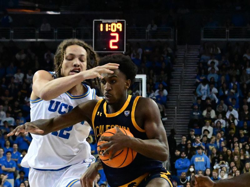 Feb 18, 2023; Los Angeles, California, USA;  California Golden Bears guard Marsalis Roberson (0) drives against UCLA Bruins forward Mac Etienne (12) in a college basketball game at Pauley Pavilion presented by Wescom. Mandatory Credit: Richard Mackson-USA TODAY Sports