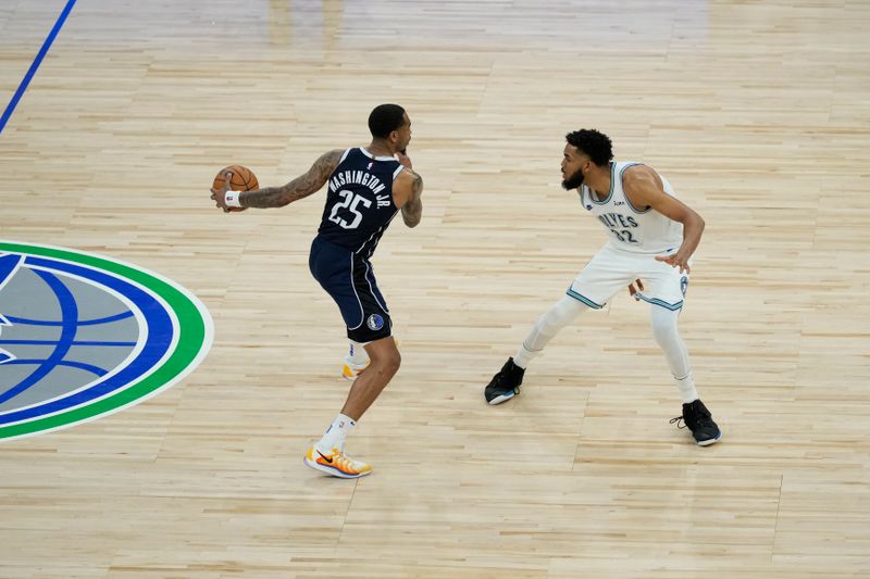 MINNEAPOLIS, MN -  MAY 22: PJ Washington #25 of the Dallas Mavericks dribbles the ball during the game against the Minnesota Timberwolves during Game 1 of the Western Conference Finals of the 2024 NBA Playoffs on January 1, 2024 at Target Center in Minneapolis, Minnesota. NOTE TO USER: User expressly acknowledges and agrees that, by downloading and or using this Photograph, user is consenting to the terms and conditions of the Getty Images License Agreement. Mandatory Copyright Notice: Copyright 2024 NBAE (Photo by Jordan Johnson/NBAE via Getty Images)