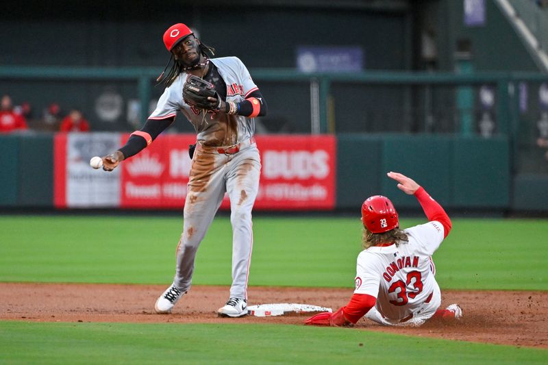 Sep 10, 2024; St. Louis, Missouri, USA;  Cincinnati Reds shortstop Elly De La Cruz (44) forces out St. Louis Cardinals second baseman Brendan Donovan (33) and throws to first to complete the double play during the first inning at Busch Stadium. Mandatory Credit: Jeff Curry-Imagn Images