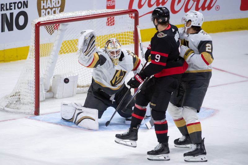 Feb 24, 2024; Ottawa, Ontario, CAN; Ottawa Senators center Josh Norris (9) scores against Vegas Golden Knights goalie Logan Thompson (36) in the third period at the Canadian Tire Centre. Mandatory Credit: Marc DesRosiers-USA TODAY Sports