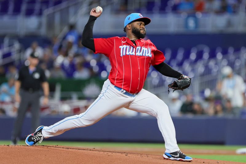 Jul 22, 2023; Miami, Florida, USA; Miami Marlins starting pitcher Johnny Cueto (47) pitches against the Colorado Rockies during the first inning at loanDepot Park. Mandatory Credit: Sam Navarro-USA TODAY Sports