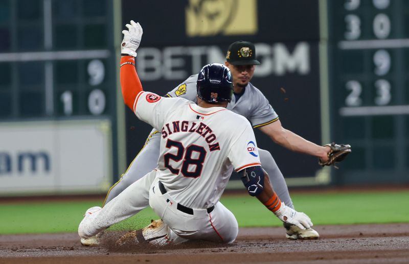 May 18, 2024; Houston, Texas, USA; Houston Astros first baseman Jon Singleton (28) is tagged out by Milwaukee Brewers shortstop Willy Adames (27) at second base trying to turn a single into a double in the second inning at Minute Maid Park. Mandatory Credit: Thomas Shea-USA TODAY Sports