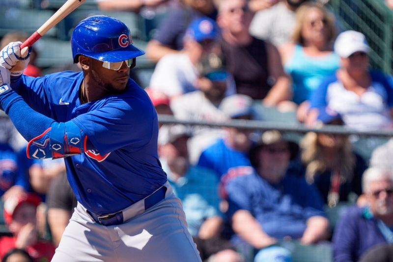 Mar 16, 2024; Tempe, Arizona, USA; Chicago Cubs outfielder Alexander Canario (4) at bat in the first during a spring training game against the Los Angeles Angels at Tempe Diablo Stadium. Mandatory Credit: Allan Henry-USA TODAY Sports