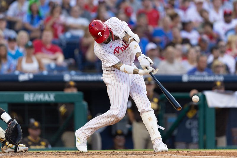 Jun 18, 2024; Philadelphia, Pennsylvania, USA; Philadelphia Phillies outfielder Nick Castellanos (8) hits a double during the fourth inning against the San Diego Padres at Citizens Bank Park. Mandatory Credit: Bill Streicher-USA TODAY Sports