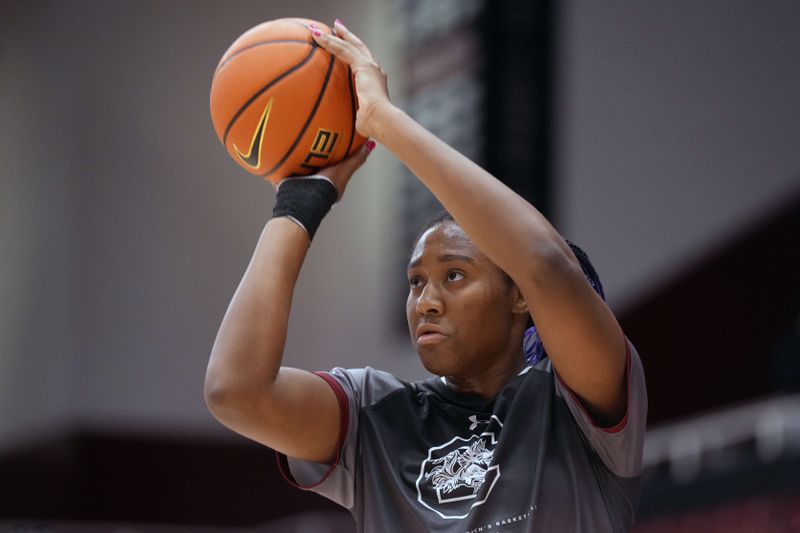 Nov 20, 2022; Stanford, California, USA; South Carolina Gamecocks forward Aliyah Boston (4) warms up before the game against the Stanford Cardinal at Maples Pavilion. Mandatory Credit: Darren Yamashita-USA TODAY Sports