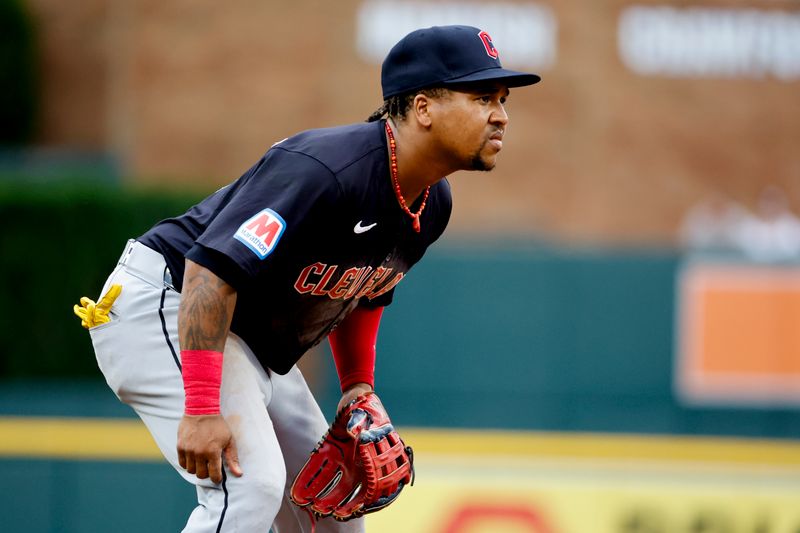 Jul 10, 2024; Detroit, Michigan, USA;  Cleveland Guardians third baseman Jose Ramirez (11) in the field in the first inning against the Detroit Tigers at Comerica Park. Mandatory Credit: Rick Osentoski-USA TODAY Sports