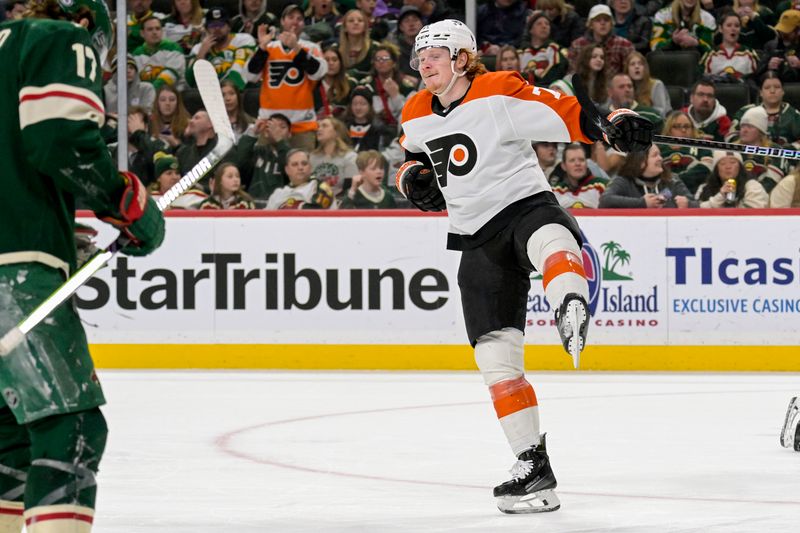 Jan 12, 2024; Saint Paul, Minnesota, USA; Philadelphia Flyers forward Owen Tippett (74) celebrates his goal against the Minnesota Wild during the third period at Xcel Energy Center. Mandatory Credit: Nick Wosika-USA TODAY Sports