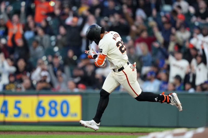 Jun 26, 2024; San Francisco, California, USA; San Francisco Giants right fielder Luis Matos (29) reacts while rounding the bases after hitting a home run against the Chicago Cubs during the fifth inning at Oracle Park. Mandatory Credit: Darren Yamashita-USA TODAY Sports