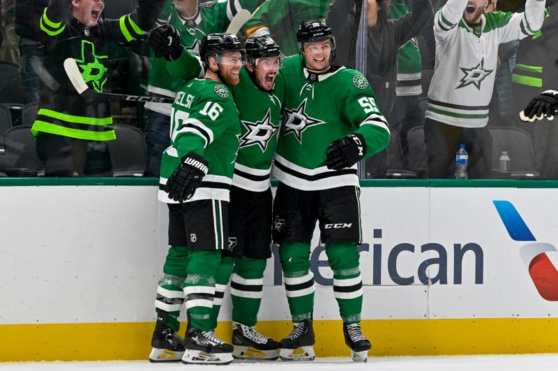 Dec 21, 2023; Dallas, Texas, USA; Dallas Stars center Matt Duchene (95) and defenseman Thomas Harley (55) and center Joe Pavelski (16) celebrates after Duchene scores the game winning goal against the Vancouver Canucks during the overtime period at the American Airlines Center. Mandatory Credit: Jerome Miron-USA TODAY Sports