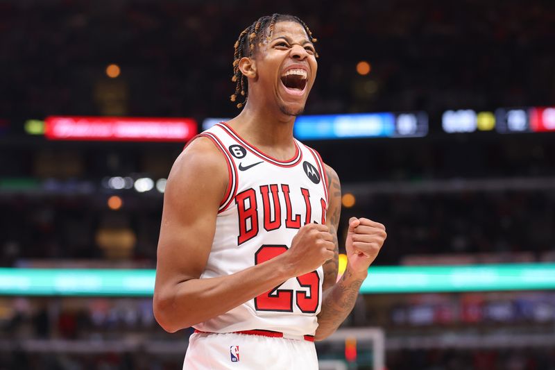 CHICAGO, ILLINOIS - FEBRUARY 13: Dalen Terry #25 of the Chicago Bulls celebrates against the Orlando Magic during the second half at United Center on February 13, 2023 in Chicago, Illinois. NOTE TO USER: User expressly acknowledges and agrees that, by downloading and or using this photograph, User is consenting to the terms and conditions of the Getty Images License Agreement.  (Photo by Michael Reaves/Getty Images)