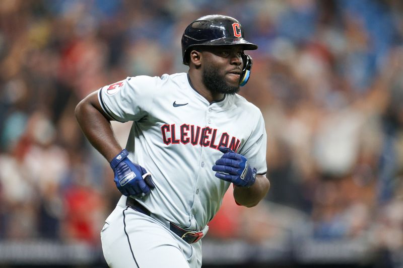 Jul 13, 2024; St. Petersburg, Florida, USA; Cleveland Guardians outfielder Jhonkensy Noel (43) runs the bases after hitting a two run home run against the Tampa Bay Rays in the eighth inning  at Tropicana Field. Mandatory Credit: Nathan Ray Seebeck-USA TODAY Sports