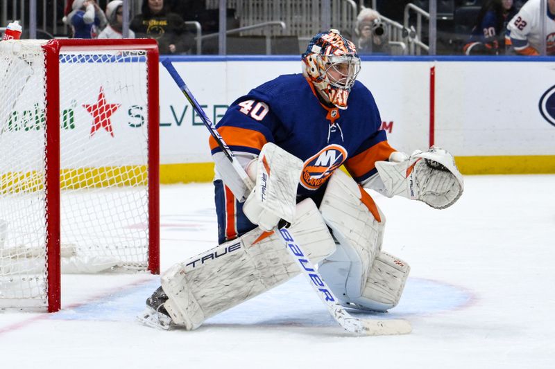 Dec 7, 2023; Elmont, New York, USA; New York Islanders goaltender Semyon Varlamov (40) tends net during the third period against the Columbus Blue Jackets at UBS Arena. Mandatory Credit: John Jones-USA TODAY Sports