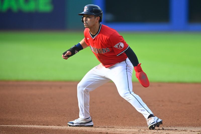 Jun 25, 2025; Cleveland, Ohio, USA; Cleveland Guardians left fielder Steven Kwan (38) stands on the infield in the first inning against the Toronto Blue Jays at Progressive Field. Mandatory Credit: David Richard-Imagn Images