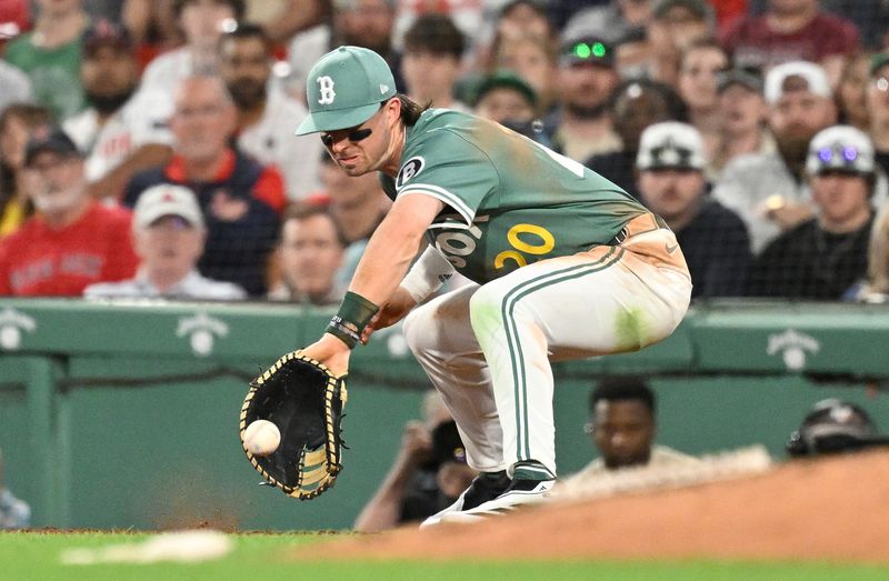 May 16, 2025; Boston, Massachusetts, USA; Boston Red Sox first baseman Nick Sogard (20) makes an out during the ninth inning against the Atlanta Braves at Fenway Park. Mandatory Credit: Eric Canha-Imagn Images