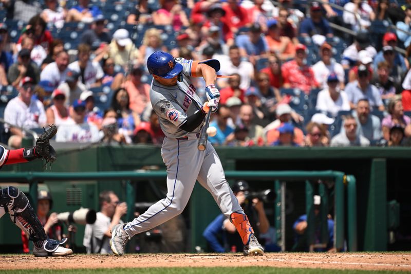 Jul 4, 2024; Washington, District of Columbia, USA; New York Mets right fielder Tyrone Taylor (15) makes contact with the ball against the Washington Nationals during the fifth inning at Nationals Park. Mandatory Credit: Rafael Suanes-USA TODAY Sports