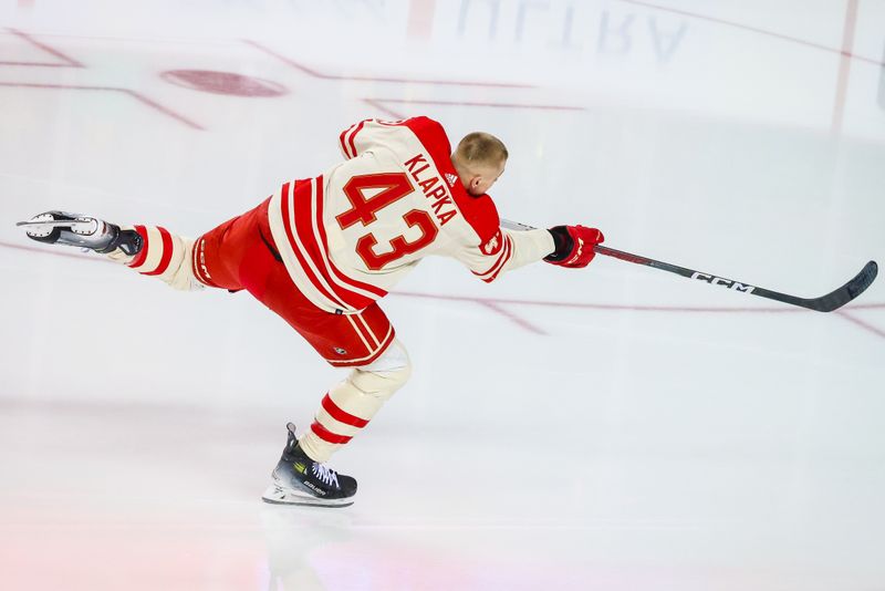 Jan 20, 2024; Calgary, Alberta, CAN; Calgary Flames left wing Adam Klapka (43) shoots the puck during the warmup period against the Edmonton Oilers at Scotiabank Saddledome. Mandatory Credit: Sergei Belski-USA TODAY Sports