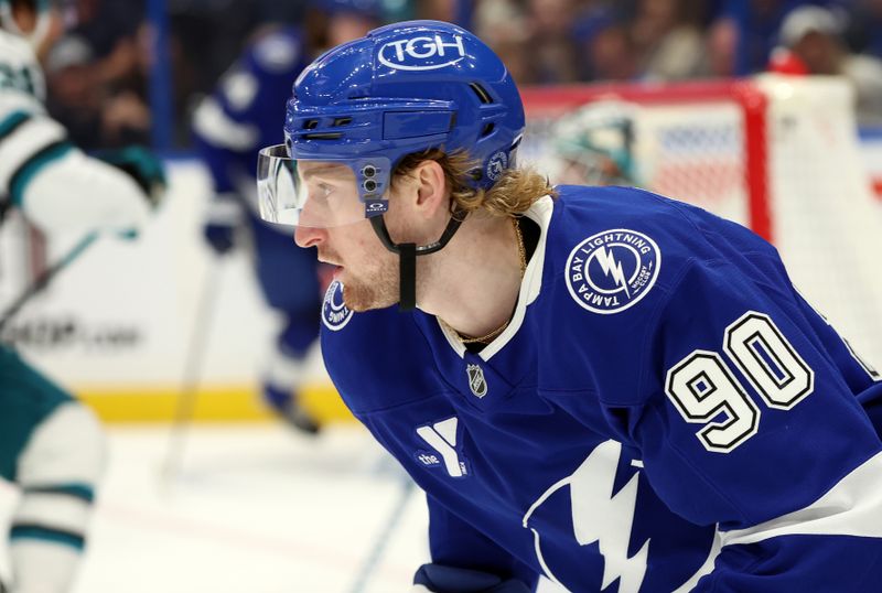 Dec 5, 2024; Tampa, Florida, USA; Tampa Bay Lightning defenseman J.J. Moser (90) skates against the San Jose Sharks during the first period at Amalie Arena. Mandatory Credit: Kim Klement Neitzel-Imagn Images