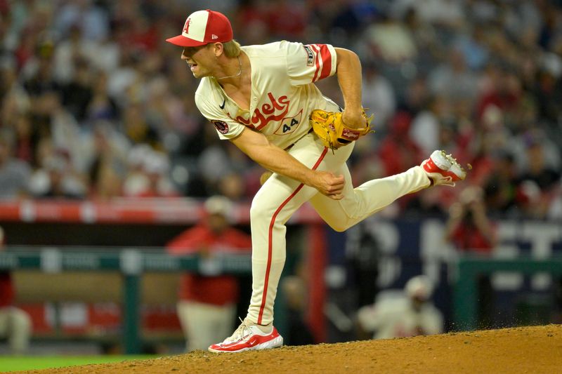 Jul 13, 2024; Anaheim, California, USA;  Ben Joyce #44 of the Los Angeles Angels delivers in the eighth inning against the Seattle Mariners at Angel Stadium. Mandatory Credit: Jayne Kamin-Oncea-USA TODAY Sports