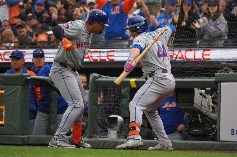 Apr 24, 2024; San Francisco, California, USA; New York Mets right fielder Tyrone Tyler (15) celebrates with center fielder Harrison Bader (44) after hitting a solo home run against he San Francisco Giants during the fourth inning at Oracle Park. Mandatory Credit: Kelley L Cox-USA TODAY Sports