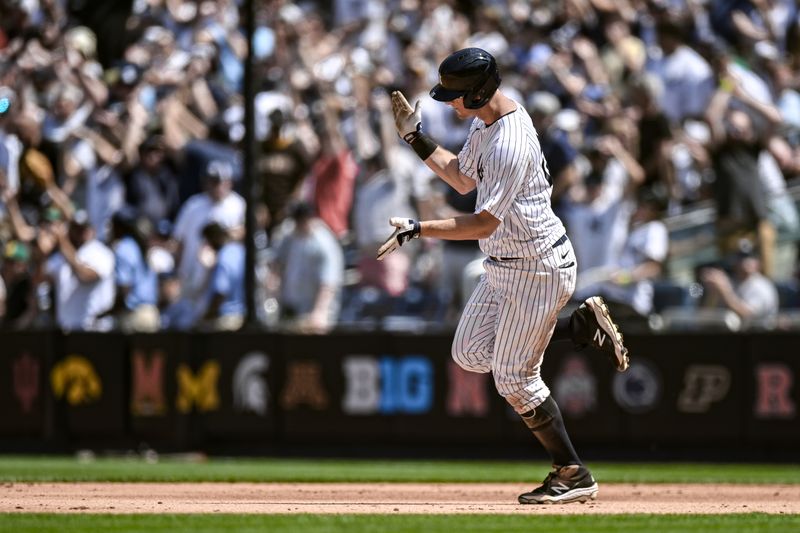 May 27, 2023; Bronx, New York, USA; New York Yankees third baseman DJ LeMahieu (26) reacts after hitting a solo home run against the San Diego Padres during the seventh inning at Yankee Stadium. Mandatory Credit: John Jones-USA TODAY Sports