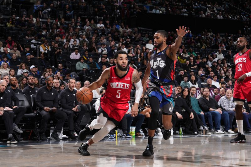 BROOKLYN, NY - JANUARY 27: Fred VanVleet #5 of the Houston Rockets dribbles the ball during the game against the Brooklyn Nets on January 27, 2024 at Barclays Center in Brooklyn, New York. NOTE TO USER: User expressly acknowledges and agrees that, by downloading and or using this Photograph, user is consenting to the terms and conditions of the Getty Images License Agreement. Mandatory Copyright Notice: Copyright 2024 NBAE (Photo by Jesse D. Garrabrant/NBAE via Getty Images)