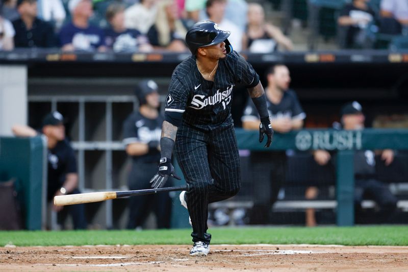 Jul 8, 2024; Chicago, Illinois, USA; Chicago White Sox catcher Martín Maldonado (15) watches his solo home run against the Minnesota Twins during the third inning at Guaranteed Rate Field. Mandatory Credit: Kamil Krzaczynski-USA TODAY Sports