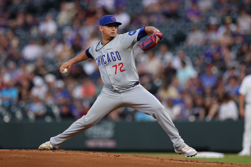 Sep 13, 2024; Denver, Colorado, USA; Chicago Cubs starting pitcher Javier Assad (72) pitches in the first inning against the Colorado Rockies at Coors Field. Mandatory Credit: Isaiah J. Downing-Imagn Images