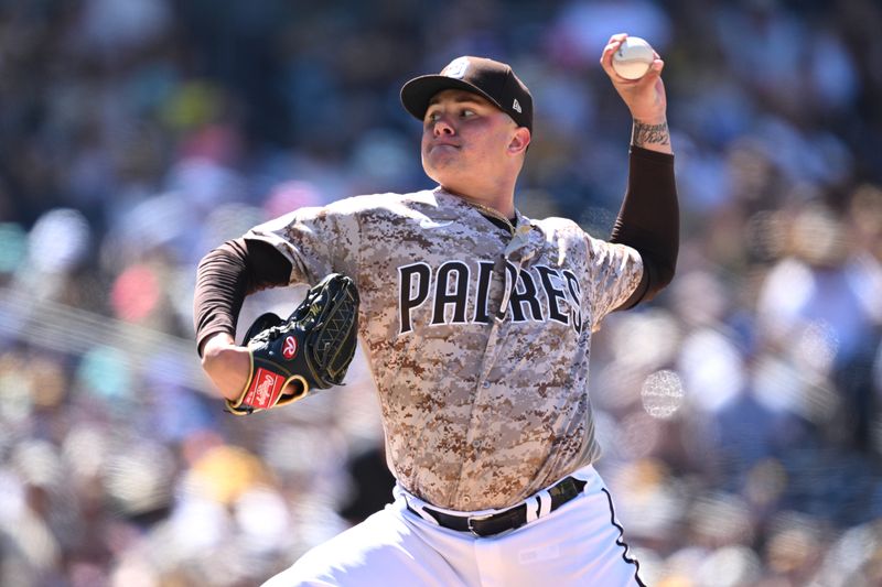 Jul 9, 2023; San Diego, California, USA; San Diego Padres relief pitcher Adrian Morejon (50) throws a pitch against the New York Mets during the eighth inning at Petco Park. Mandatory Credit: Orlando Ramirez-USA TODAY Sports