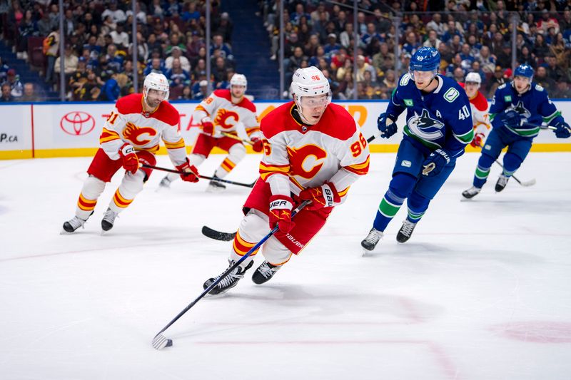 Apr 16, 2024; Vancouver, British Columbia, CAN; Calgary Flames forward Andrei Kuzmenko (96) handles the puck against the Vancouver Canucks in the third period at Rogers Arena. Canucks won 4 -1. Mandatory Credit: Bob Frid-USA TODAY Sports