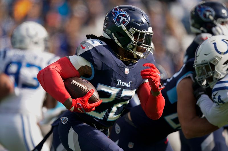 Tennessee Titans running back Derrick Henry (22) runs the ball during the first half of an NFL football game against the Indianapolis Colts, Sunday, Dec. 3, 2023, in Nashville, Tenn. (AP Photo/George Walker IV)