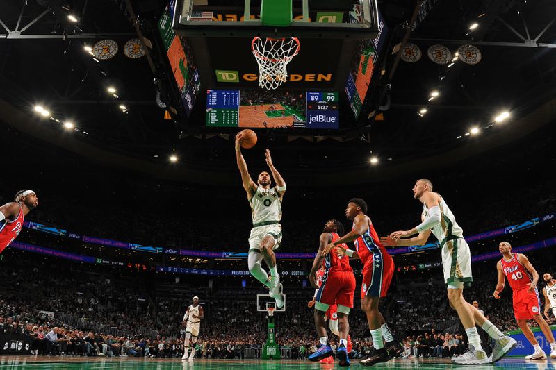 BOSTON, MA - FEBRUARY 27: Jayson Tatum #0 of the Boston Celtics drives to the basket during the game against the Philadelphia 76ers on February 27, 2024 at the TD Garden in Boston, Massachusetts. NOTE TO USER: User expressly acknowledges and agrees that, by downloading and or using this photograph, User is consenting to the terms and conditions of the Getty Images License Agreement. Mandatory Copyright Notice: Copyright 2024 NBAE  (Photo by Brian Babineau/NBAE via Getty Images)