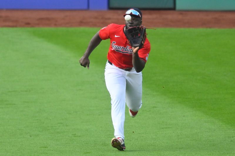 Jul 3, 2024; Cleveland, Ohio, USA; Cleveland Guardians right fielder Jhonkensy Noel (43) makes a catch in the third inning against the Chicago White Sox at Progressive Field. Mandatory Credit: David Richard-USA TODAY Sports