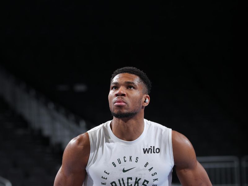 MILWAUKEE, WI - NOVEMBER 12:   Giannis Antetokounmpo #34 of the Milwaukee Bucks during pregame against the Toronto Raptors during the Emirates NBA Cup game on November 12, 2024 at Fiserv Forum Center in Milwaukee, Wisconsin. NOTE TO USER: User expressly acknowledges and agrees that, by downloading and or using this Photograph, user is consenting to the terms and conditions of the Getty Images License Agreement. Mandatory Copyright Notice: Copyright 2024 NBAE (Photo by Gary Dineen/NBAE via Getty Images).