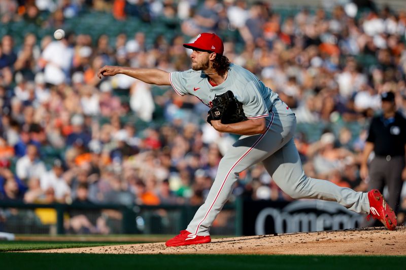 Jun 24, 2024; Detroit, Michigan, USA;  Philadelphia Phillies starting pitcher Aaron Nola (27) pitches in the first inning against the Detroit Tigers at Comerica Park. Mandatory Credit: Rick Osentoski-USA TODAY Sports