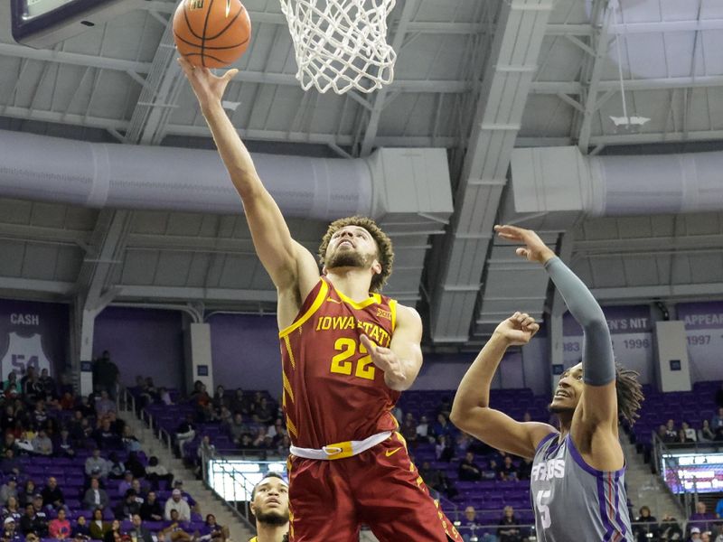 Jan 7, 2023; Fort Worth, Texas, USA; Iowa State Cyclones guard Gabe Kalscheur (22) lays the ball in during the second half against the TCU Horned Frogs at Ed and Rae Schollmaier Arena. Mandatory Credit: Andrew Dieb-USA TODAY Sports