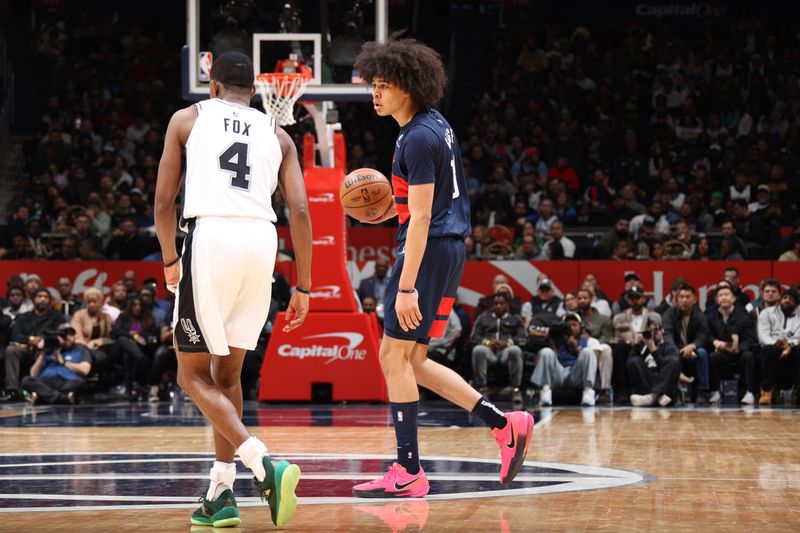 WASHINGTON, DC - FEBRUARY 10: Kyshawn George #18 of the Washington Wizards dribbles the ball during the game aSan Antonio Spurs on February 10, 2025 at Capital One Arena in Washington, DC. NOTE TO USER: User expressly acknowledges and agrees that, by downloading and or using this Photograph, user is consenting to the terms and conditions of the Getty Images License Agreement. Mandatory Copyright Notice: Copyright 2025 NBAE (Photo by Stephen Gosling/NBAE via Getty Images)