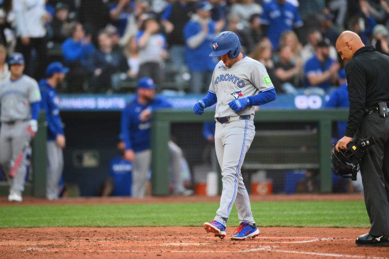 May 10, 2025; Seattle, Washington, USA; Toronto Blue Jays left fielder Myles Straw (3) scores a run off a 2-run home run hit by shortstop Bo Bichette (11) (not pictured) during the fifth inning against the Seattle Mariners at T-Mobile Park. Mandatory Credit: Steven Bisig-Imagn Images
