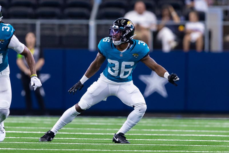 Jacksonville Jaguars cornerback Christian Braswell (36) is seen during the second half of an NFL football game against the Dallas Cowboys, Saturday, Aug. 12, 2023, in Arlington, Texas. Jacksonville won 28-23. (AP Photo/Brandon Wade)