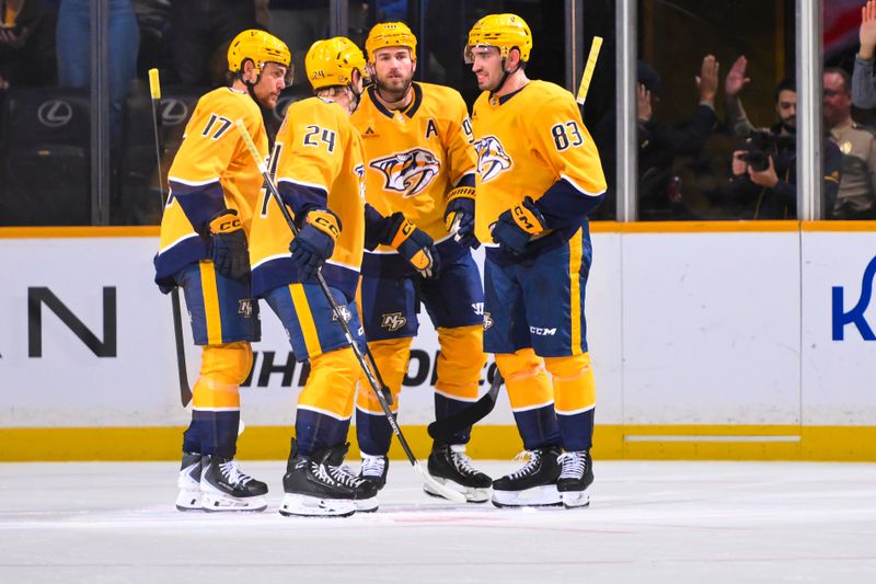 Oct 23, 2025; Nashville, Tennessee, USA;  Nashville Predators center Ryan O'Reilly (90) celebrates with his teammates after scoring a goal against the Vancouver Canucks during the second period at Bridgestone Arena. Mandatory Credit: Steve Roberts-Imagn Images