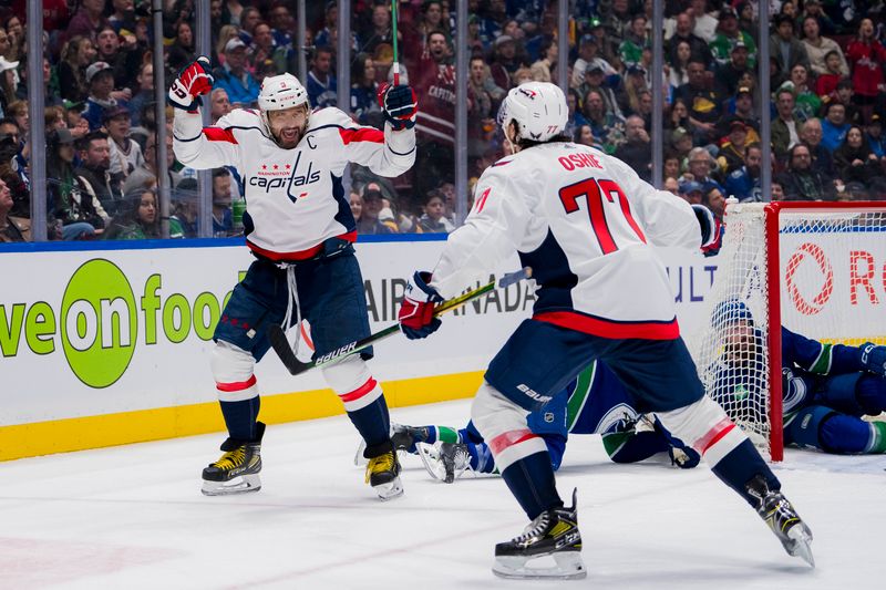 Mar 16, 2024; Vancouver, British Columbia, CAN; Washington Capitals forward Alex Ovechkin (8) and forward TJ Oshie (77) celebrate Ovechkin’s goal against the Vancouver Canucks in the second period at Rogers Arena. Mandatory Credit: Bob Frid-USA TODAY Sports