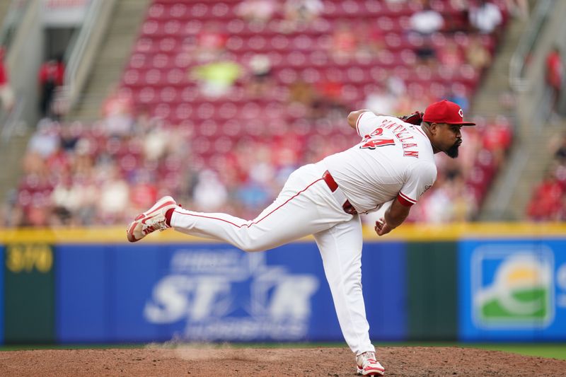 Jun 29, 2025; Cincinnati, Ohio, USA; Cincinnati Reds pitcher Tony Santillan (64) throws a pitch in the seventh inning against the San Diego Padres at Great American Ball Park. Mandatory Credit: Frank Bowen IV/ The USAToday Network via Imagn Images