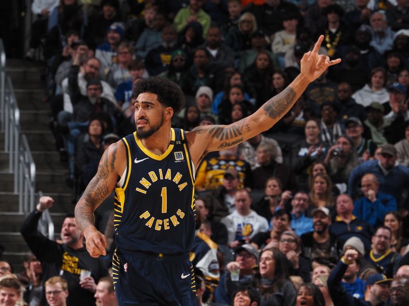 INDIANAPOLIS, IN - JANUARY 3: Obi Toppin #1 of the Indiana Pacers celebrates during the game against the Milwaukee Bucks on January 3, 2024 at Gainbridge Fieldhouse in Indianapolis, Indiana. NOTE TO USER: User expressly acknowledges and agrees that, by downloading and or using this Photograph, user is consenting to the terms and conditions of the Getty Images License Agreement. Mandatory Copyright Notice: Copyright 2024 NBAE (Photo by Ron Hoskins/NBAE via Getty Images)