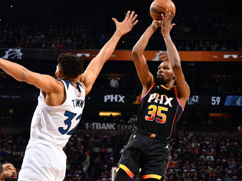 PHOENIX, AZ - APRIL 26:  Kevin Durant #35 of the Phoenix Suns shoots the ball during the game against the Minnesota Timberwolves during Round 1 Game 3 of the 2024 NBA Playoffs on April 26, 2024 at Footprint Center in Phoenix, Arizona. NOTE TO USER: User expressly acknowledges and agrees that, by downloading and or using this photograph, user is consenting to the terms and conditions of the Getty Images License Agreement. Mandatory Copyright Notice: Copyright 2024 NBAE (Photo by Barry Gossage/NBAE via Getty Images)