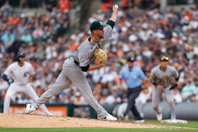 Jun 26, 2025; Detroit, Michigan, USA;  Athletics pitcher Jeffrey Springs (59) pitches in the third inning against the Detroit Tigers at Comerica Park. Mandatory Credit: Rick Osentoski-Imagn Images