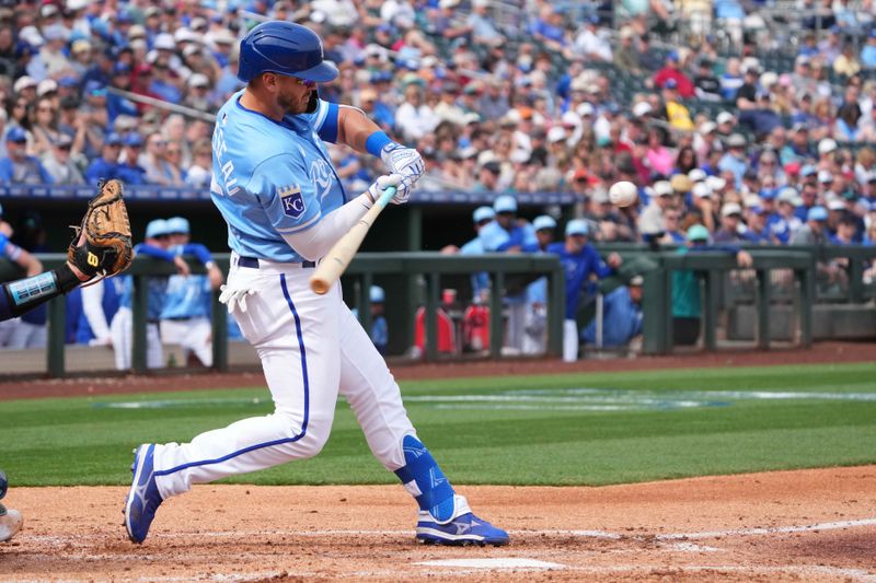 Mar 6, 2024; Surprise, Arizona, USA; Kansas City Royals designated hitter Mike Brosseau bats against the Seattle Mariners during the third inning at Surprise Stadium. Mandatory Credit: Joe Camporeale-USA TODAY Sports