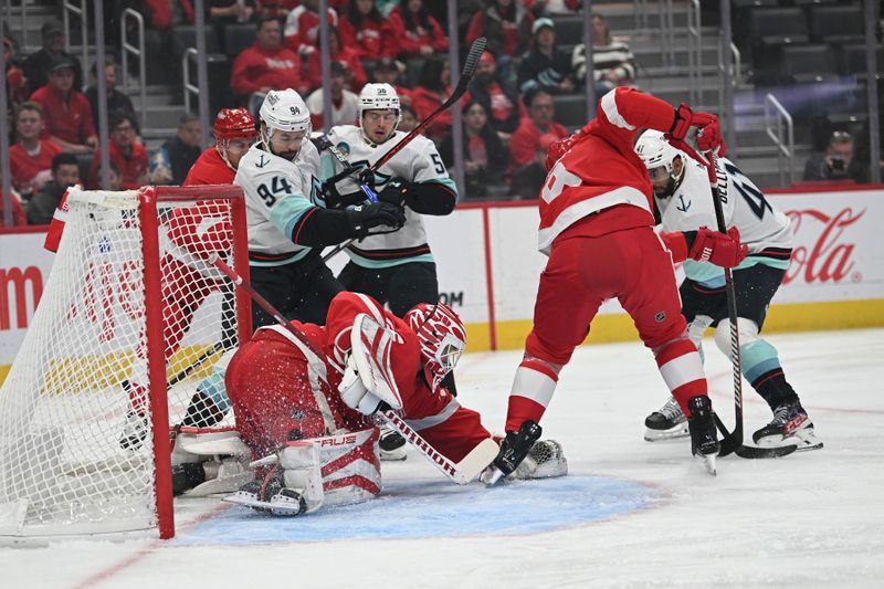 Oct 24, 2023; Detroit, Michigan, USA; Detroit Red Wings goaltender Ville Husso (35) makes a save against the Seattle Kraken in the first period at Little Caesars Arena. Mandatory Credit: Lon Horwedel-USA TODAY Sports