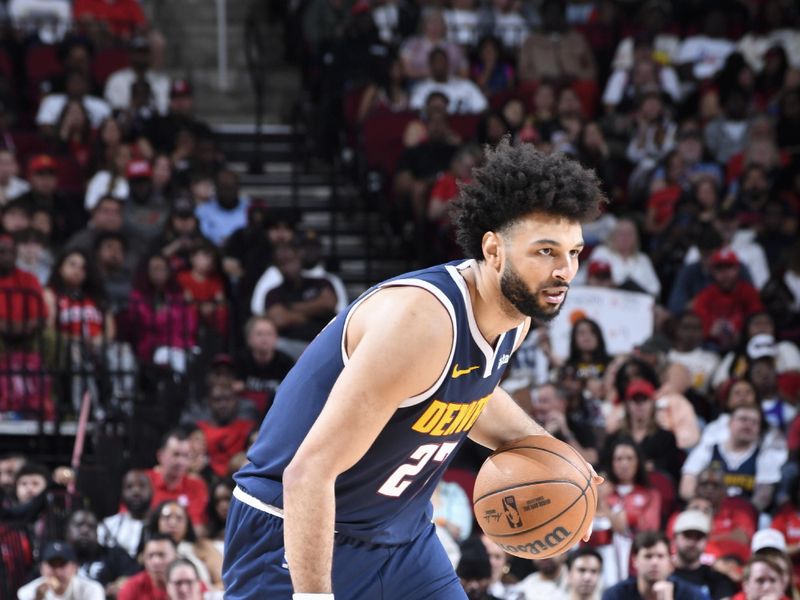 HOUSTON, TX - MARCH 23:  Jamal Murray #27 of the Denver Nuggets handles the ball during the game against the Houston Rockets on March 23, 2025 at the Toyota Center in Houston, Texas. NOTE TO USER: User expressly acknowledges and agrees that, by downloading and or using this photograph, User is consenting to the terms and conditions of the Getty Images License Agreement. Mandatory Copyright Notice: Copyright 2025 NBAE (Photo by Logan Riely/NBAE via Getty Images)