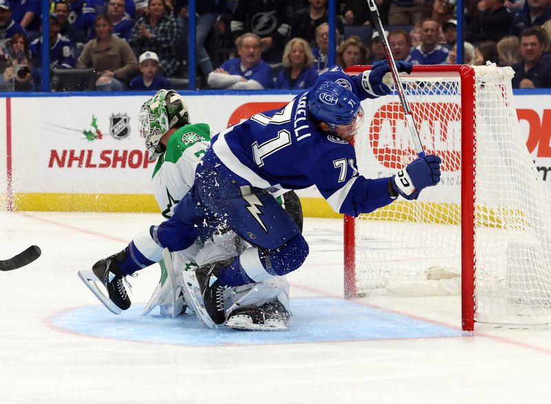 Dec 4, 2023; Tampa, Florida, USA; Tampa Bay Lightning center Anthony Cirelli (71) shoots as Dallas Stars goaltender Jake Oettinger (29) defends during the third period at Amalie Arena. Mandatory Credit: Kim Klement Neitzel-USA TODAY Sports