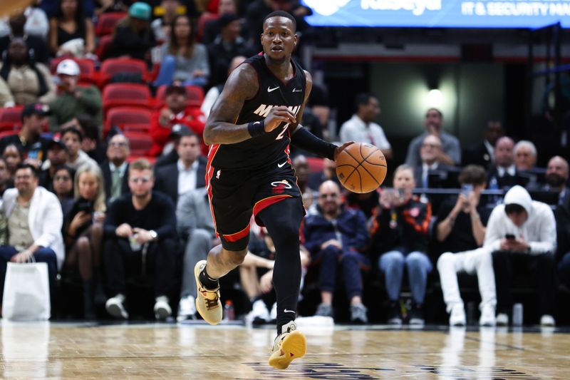 MIAMI, FLORIDA - FEBRUARY 06: Terry Rozier #2 of the Miami Heat dribbles the ball against the Orlando Magic during the third quarter at Kaseya Center on February 06, 2024 in Miami, Florida. NOTE TO USER: User expressly acknowledges and agrees that, by downloading and or using this photograph, User is consenting to the terms and conditions of the Getty Images License Agreement. (Photo by Megan Briggs/Getty Images)