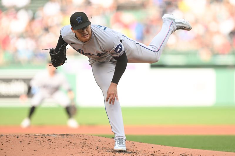 Jun 29, 2023; Boston, Massachusetts, USA; Miami Marlins starting pitcher Jesus Luzardo (44) pitches against the Boston Red Sox during the first inning at Fenway Park. Mandatory Credit: Brian Fluharty-USA TODAY Sports